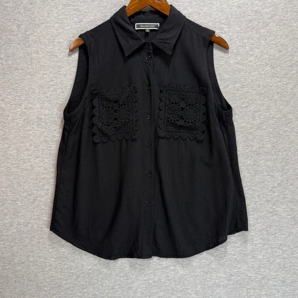 Melanie Lyne Sleeveless Top Womens 8 Black Crochet Pocket Linen Blend Coastal